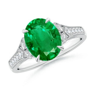 10x8mm AAA Aeon Vintage Inspired Oval Emerald Solitaire Engagement Ring with Milgrain in 18K White Gold