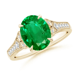 10x8mm AAA Aeon Vintage Inspired Oval Emerald Solitaire Engagement Ring with Milgrain in Yellow Gold