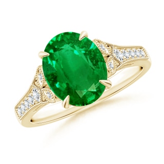 10x8mm AAAA Aeon Vintage Inspired Oval Emerald Solitaire Engagement Ring with Milgrain in 10K Yellow Gold