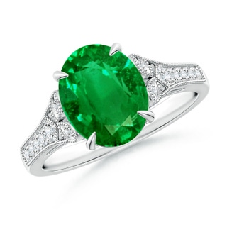 10x8mm AAAA Aeon Vintage Inspired Oval Emerald Solitaire Engagement Ring with Milgrain in 18K White Gold