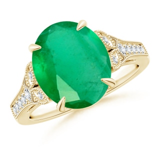 12x10mm A Aeon Vintage Inspired Oval Emerald Solitaire Engagement Ring with Milgrain in 10K Yellow Gold