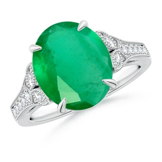 12x10mm A Aeon Vintage Inspired Oval Emerald Solitaire Engagement Ring with Milgrain in 18K White Gold