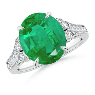 12x10mm AA Aeon Vintage Inspired Oval Emerald Solitaire Engagement Ring with Milgrain in 18K White Gold