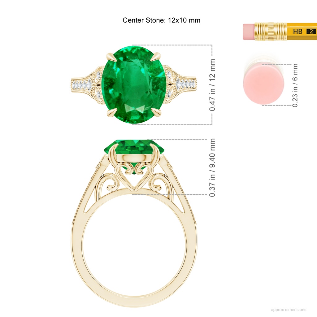 12x10mm AAA Aeon Vintage Inspired Oval Emerald Solitaire Engagement Ring with Milgrain in Yellow Gold ruler