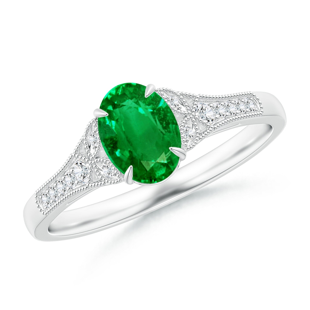 7x5mm AAAA Aeon Vintage Inspired Oval Emerald Solitaire Engagement Ring with Milgrain in White Gold