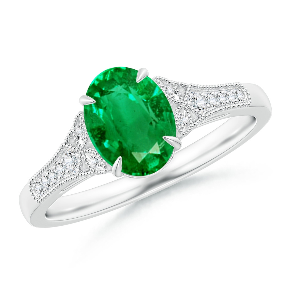 8x6mm AAA Aeon Vintage Inspired Oval Emerald Solitaire Engagement Ring with Milgrain in White Gold