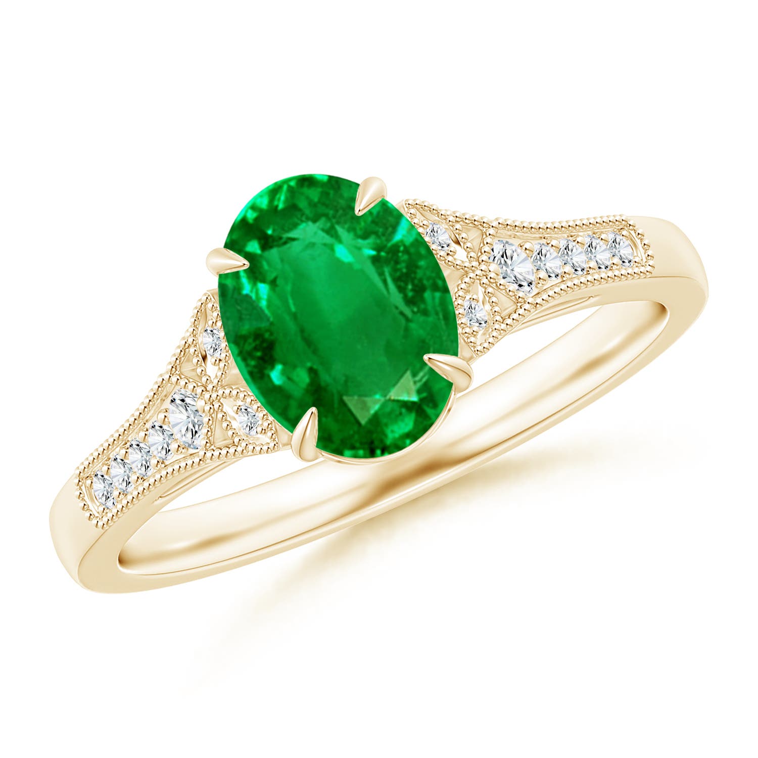 Aeon Vintage Inspired Oval Emerald Solitaire Engagement Ring with Milgrain