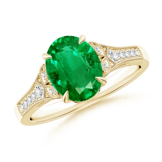 9x7mm AAA Aeon Vintage Inspired Oval Emerald Solitaire Engagement Ring with Milgrain in 10K Yellow Gold