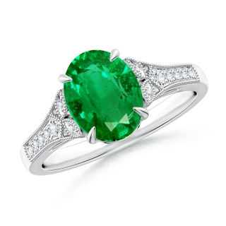 9x7mm AAA Aeon Vintage Inspired Oval Emerald Solitaire Engagement Ring with Milgrain in White Gold