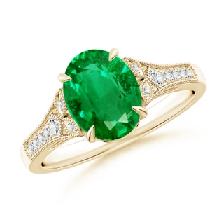 9x7mm AAA Aeon Vintage Inspired Oval Emerald Solitaire Engagement Ring with Milgrain in Yellow Gold