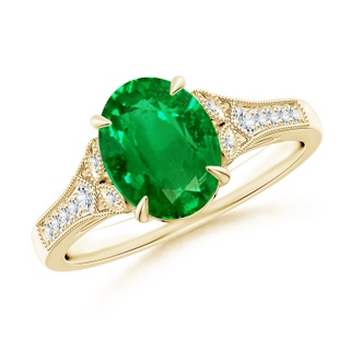 9x7mm AAAA Aeon Vintage Inspired Oval Emerald Solitaire Engagement Ring with Milgrain in 10K Yellow Gold