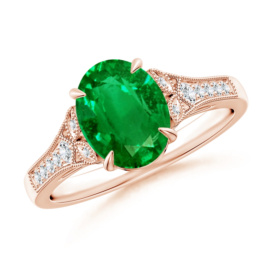 9x7mm AAAA Aeon Vintage Inspired Oval Emerald Solitaire Engagement Ring with Milgrain in 18K Rose Gold