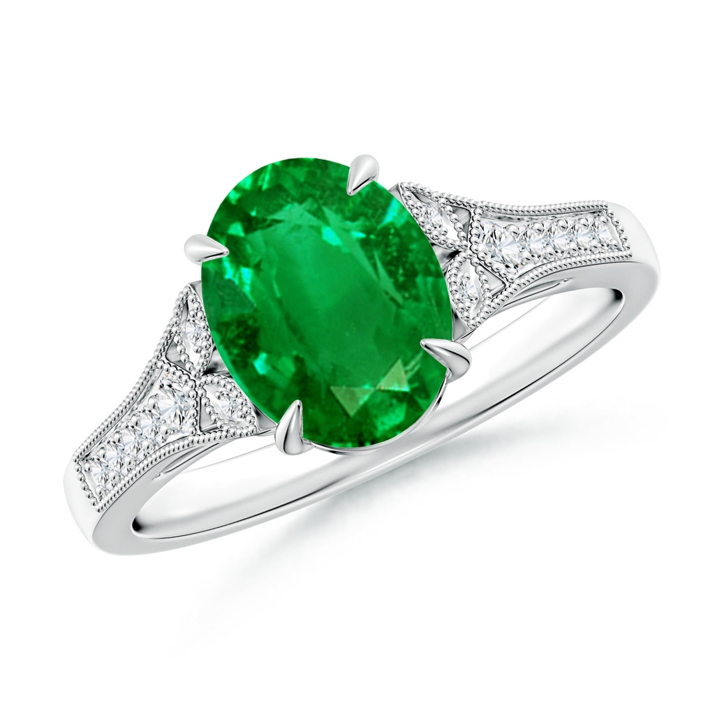 9x7mm AAAA Aeon Vintage Inspired Oval Emerald Solitaire Engagement Ring with Milgrain in 18K White Gold