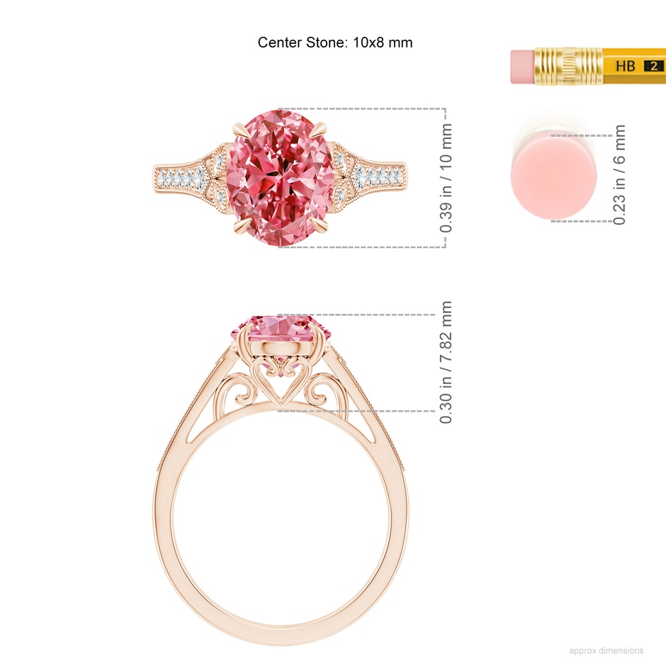 10x8mm AAAA Aeon Vintage Inspired Oval Fancy Intense Pink Diamond Solitaire Engagement Ring with Milgrain in 18K Rose Gold ruler