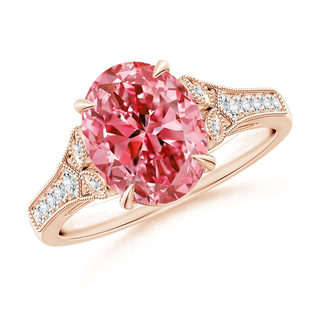 10x8mm AAAA Aeon Vintage Inspired Oval Fancy Intense Pink Diamond Solitaire Engagement Ring with Milgrain in Rose Gold
