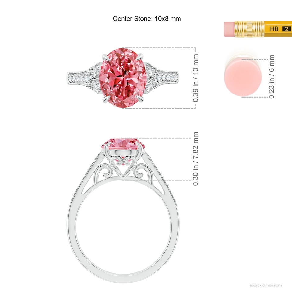 10x8mm AAAA Aeon Vintage Inspired Oval Fancy Intense Pink Diamond Solitaire Engagement Ring with Milgrain in S999 Silver ruler