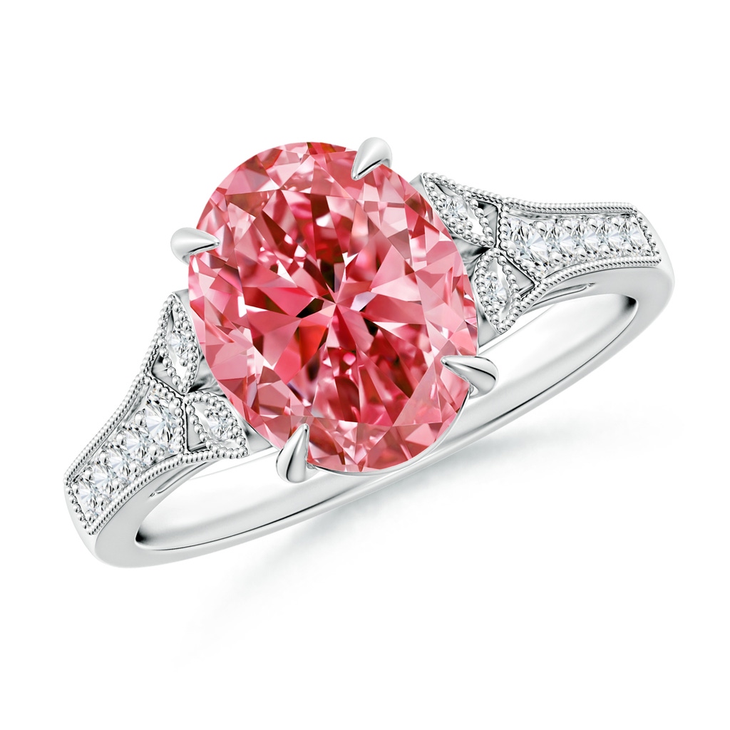 10x8mm AAAA Aeon Vintage Inspired Oval Fancy Intense Pink Diamond Solitaire Engagement Ring with Milgrain in White Gold