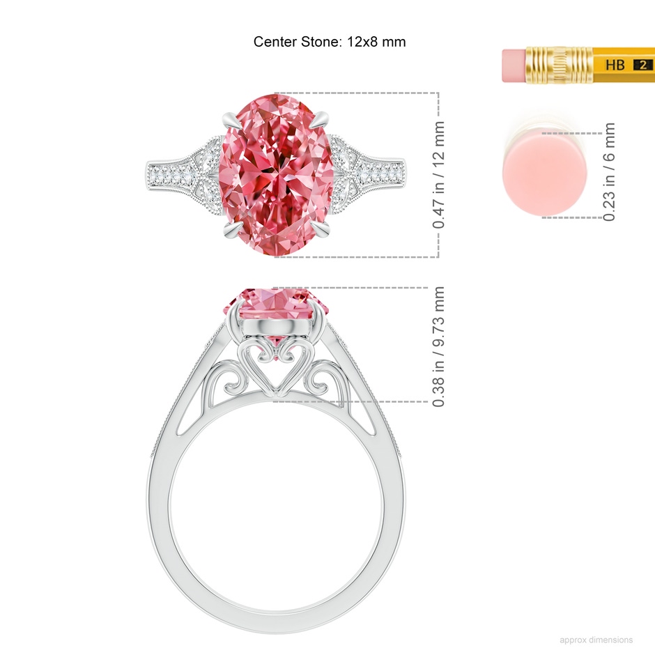12x8mm AAAA Aeon Vintage Inspired Oval Fancy Intense Pink Diamond Solitaire Engagement Ring with Milgrain in White Gold ruler