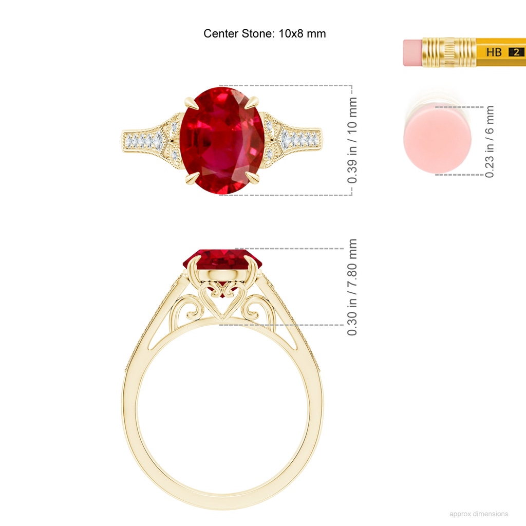 10x8mm AAA Aeon Vintage Inspired Oval Ruby Solitaire Engagement Ring with Milgrain in 18K Yellow Gold ruler