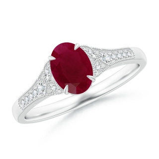 7x5mm A Aeon Vintage Inspired Oval Ruby Solitaire Engagement Ring with Milgrain in 9K White Gold