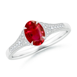 7x5mm AAA Aeon Vintage Inspired Oval Ruby Solitaire Engagement Ring with Milgrain in 9K White Gold