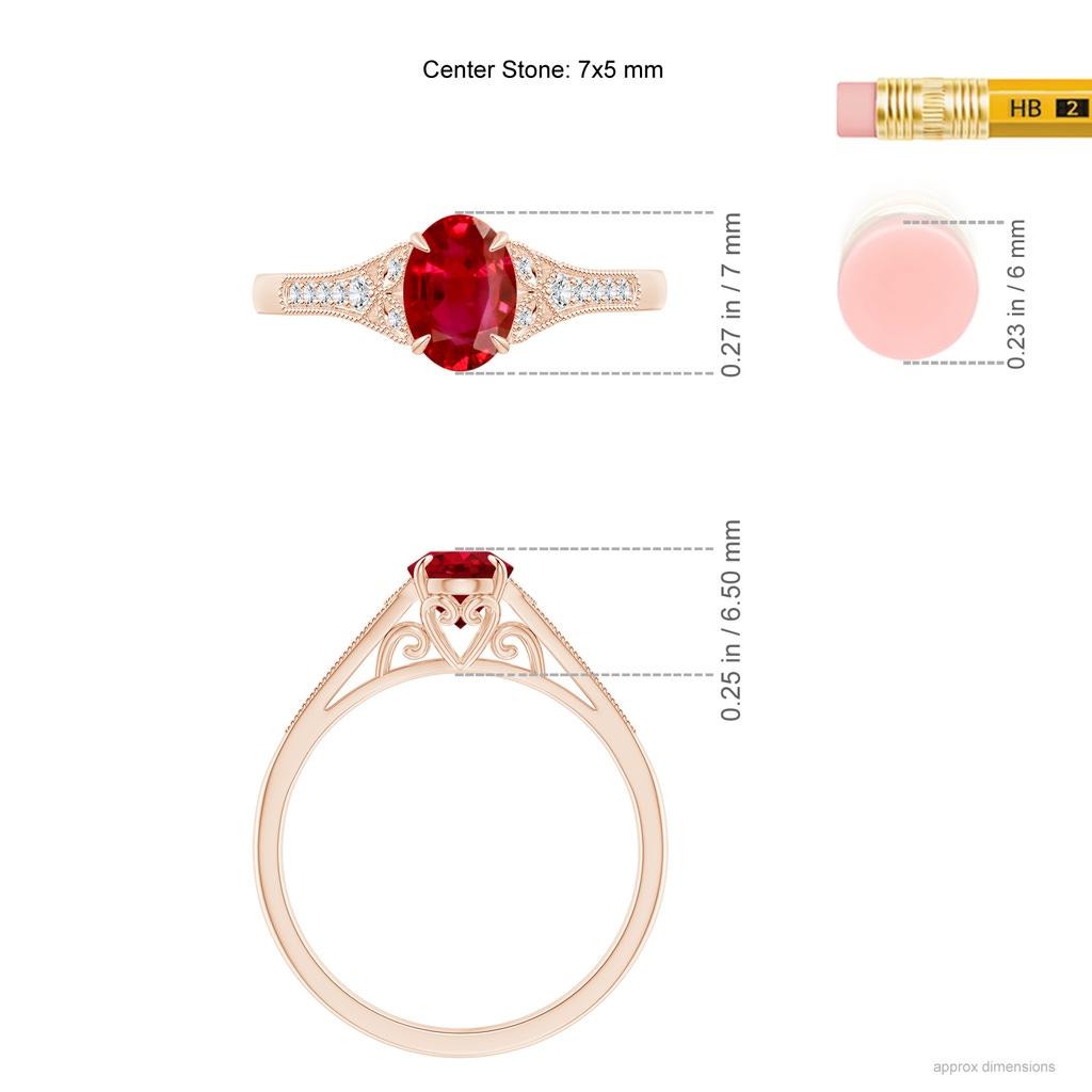 7x5mm AAA Aeon Vintage Inspired Oval Ruby Solitaire Engagement Ring with Milgrain in Rose Gold ruler