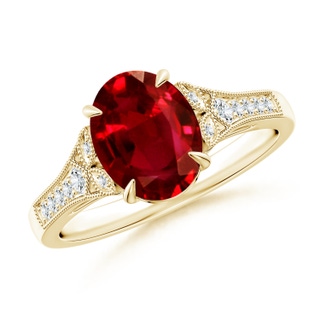 9x7mm AAAA Aeon Vintage Inspired Oval Ruby Solitaire Engagement Ring with Milgrain in 10K Yellow Gold