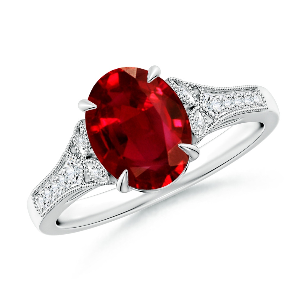9x7mm AAAA Aeon Vintage Inspired Oval Ruby Solitaire Engagement Ring with Milgrain in 18K White Gold