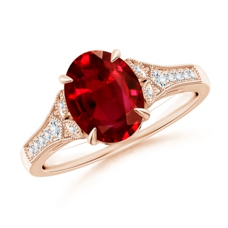 9x7mm AAAA Aeon Vintage Inspired Oval Ruby Solitaire Engagement Ring with Milgrain in Rose Gold