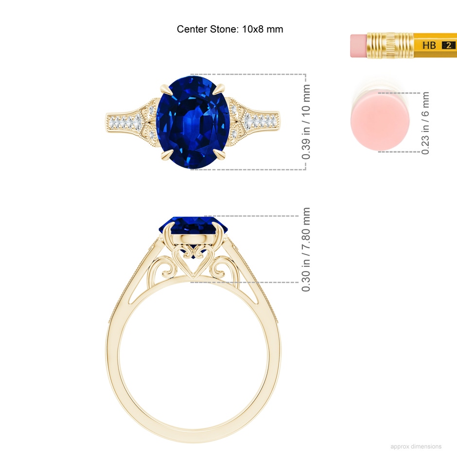 10x8mm Lab-Grown Aeon Vintage Inspired Oval Sapphire Solitaire Engagement Ring with Milgrain in Yellow Gold ruler