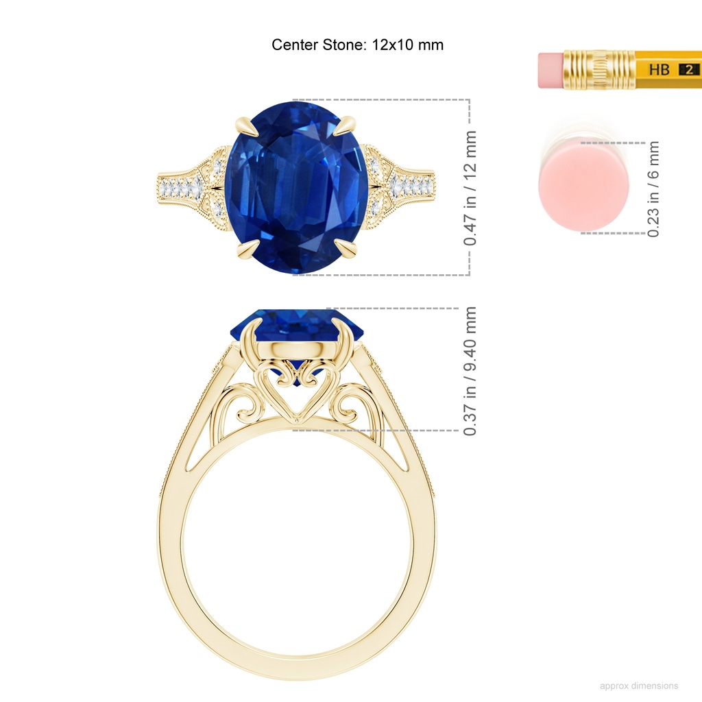 12x10mm AAA Aeon Vintage Inspired Oval Sapphire Solitaire Engagement Ring with Milgrain in 18K Yellow Gold ruler