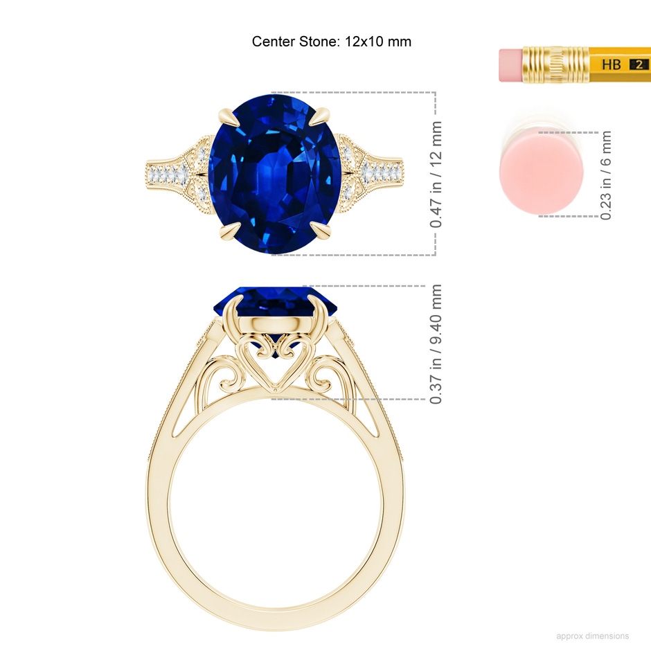 12x10mm Lab-Grown Aeon Vintage Inspired Oval Sapphire Solitaire Engagement Ring with Milgrain in Yellow Gold ruler