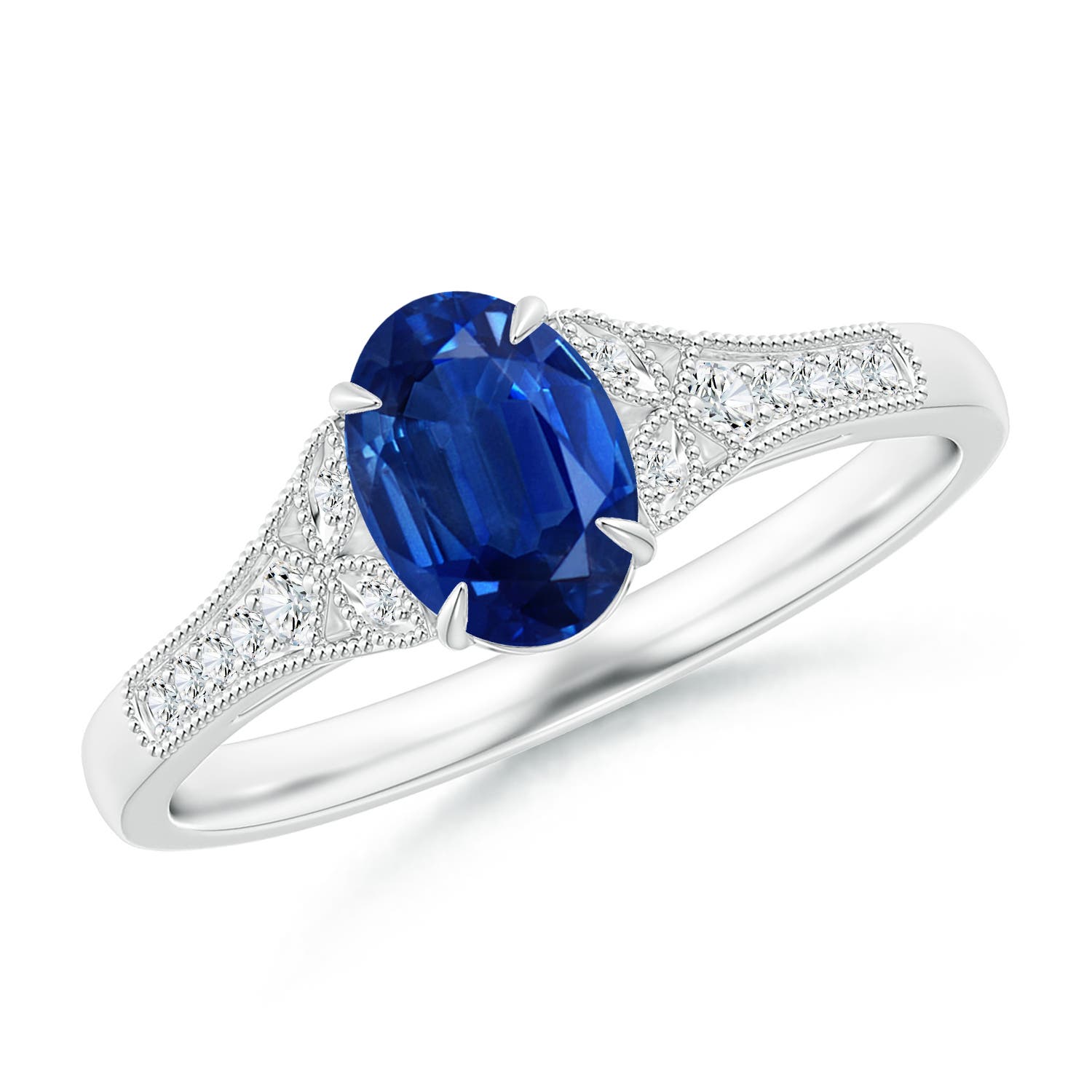 7x5mm AAA Aeon Vintage Inspired Oval Sapphire Solitaire Engagement Ring with Milgrain in 18K White Gold