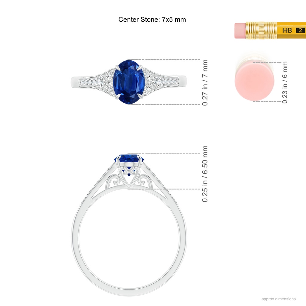 7x5mm AAA Aeon Vintage Inspired Oval Sapphire Solitaire Engagement Ring with Milgrain in White Gold ruler