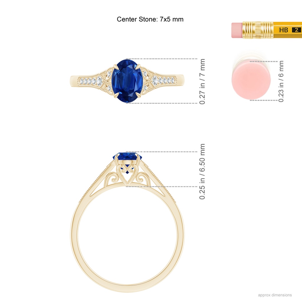 7x5mm AAA Aeon Vintage Inspired Oval Sapphire Solitaire Engagement Ring with Milgrain in Yellow Gold ruler