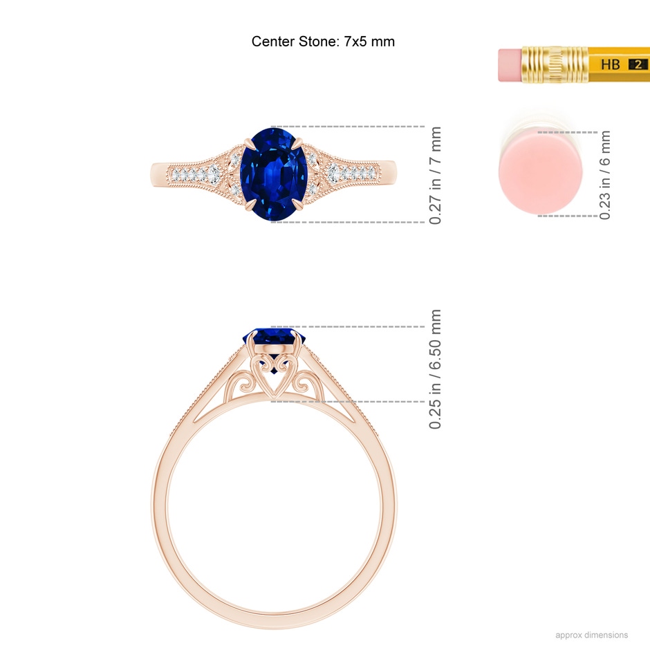 7x5mm Lab-Grown Aeon Vintage Inspired Oval Sapphire Solitaire Engagement Ring with Milgrain in Rose Gold ruler