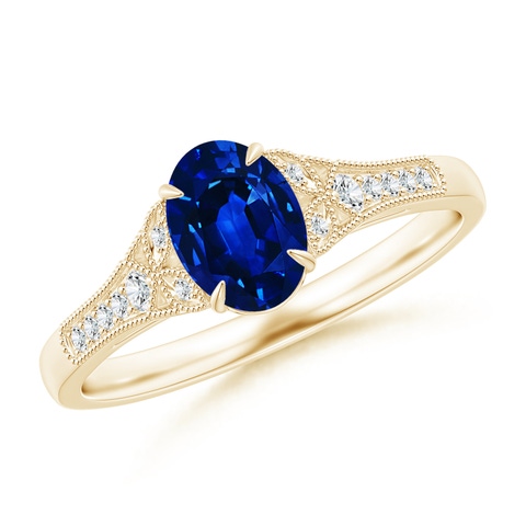 7x5mm AAAA Aeon Vintage Inspired Oval Sapphire Solitaire Engagement Ring with Milgrain in Yellow Gold