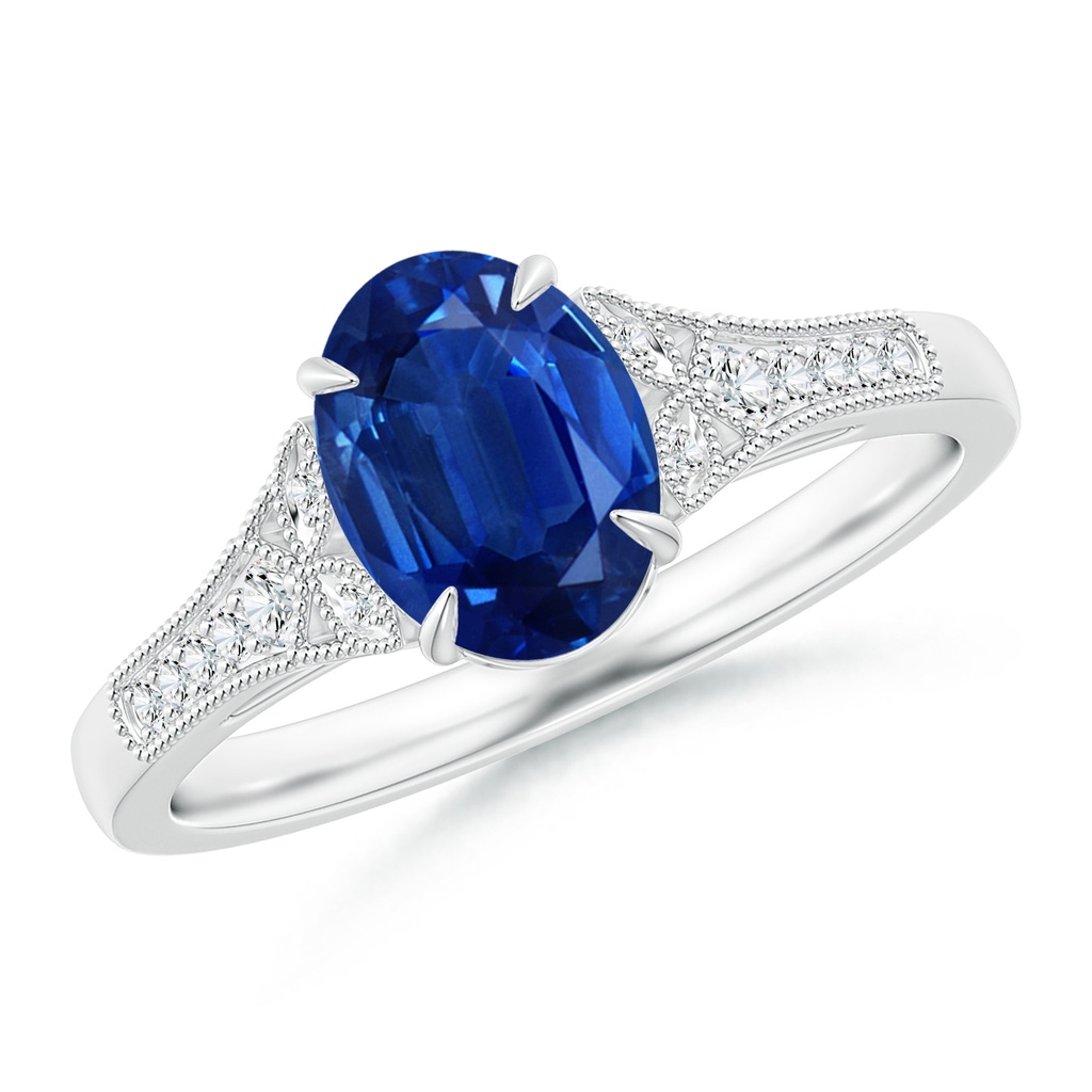 8x6mm AAA Aeon Vintage Inspired Oval Sapphire Solitaire Engagement Ring with Milgrain in 18K White Gold
