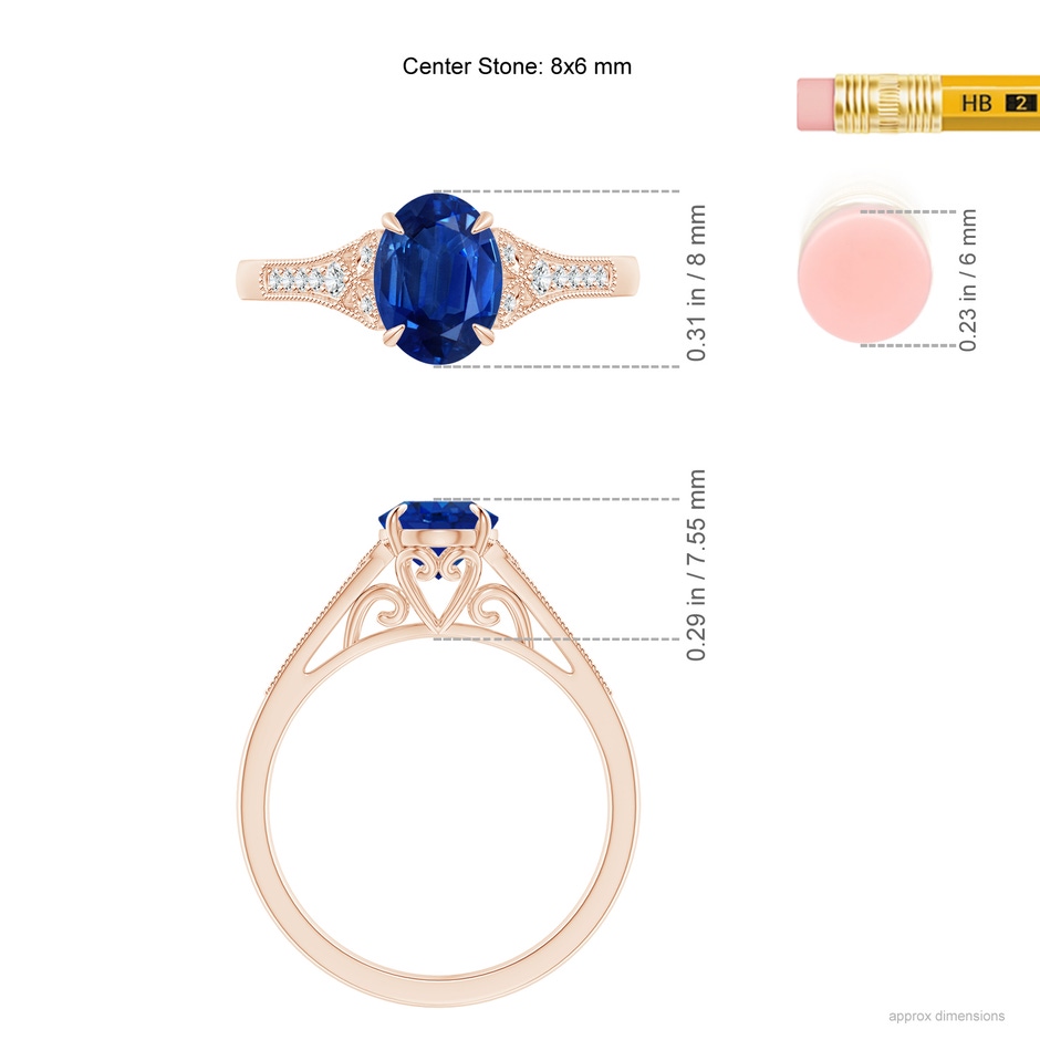 8x6mm AAA Aeon Vintage Inspired Oval Sapphire Solitaire Engagement Ring with Milgrain in Rose Gold ruler