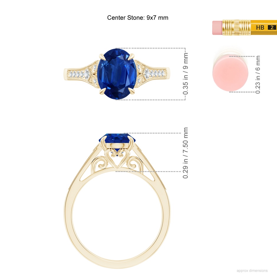 9x7mm AAA Aeon Vintage Inspired Oval Sapphire Solitaire Engagement Ring with Milgrain in Yellow Gold ruler