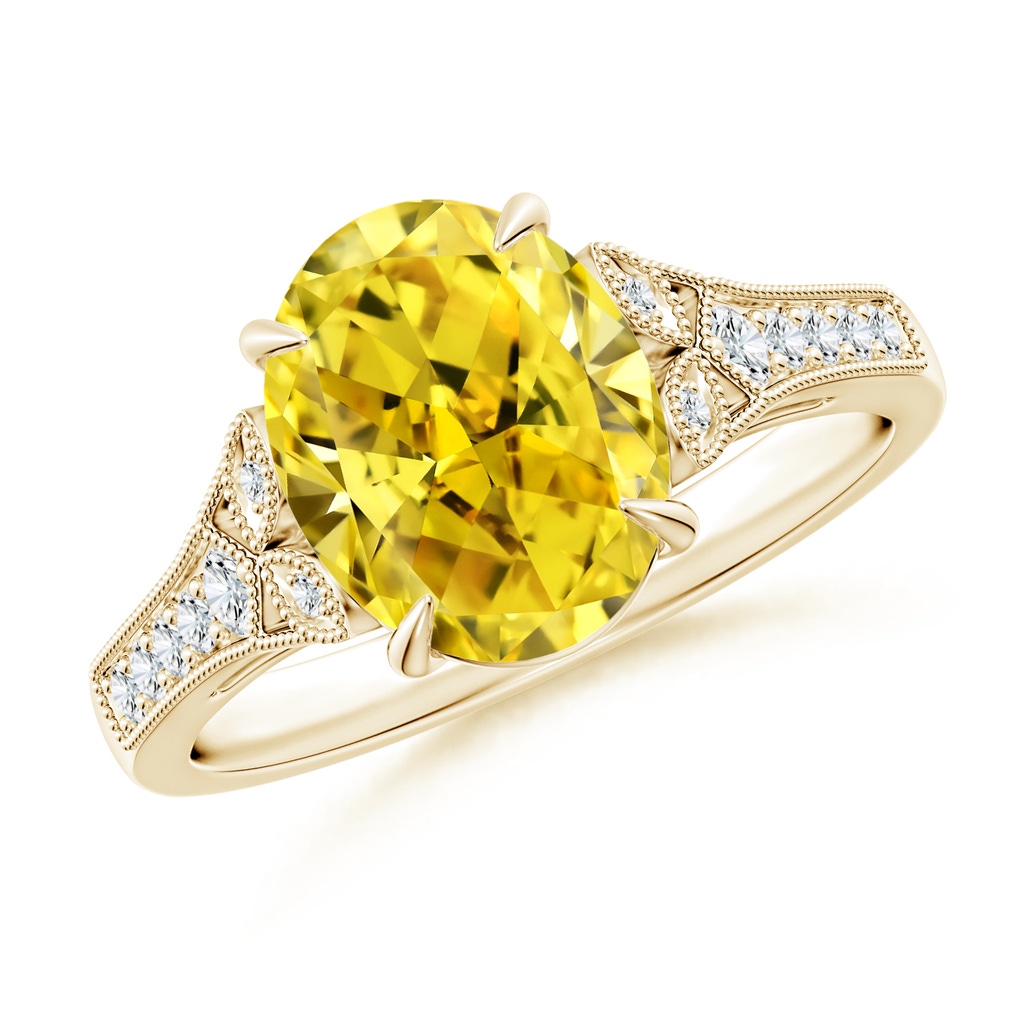 10x8mm AAAA Aeon Vintage Inspired Oval Fancy Intense Yellow Diamond Solitaire Engagement Ring with Milgrain in Yellow Gold