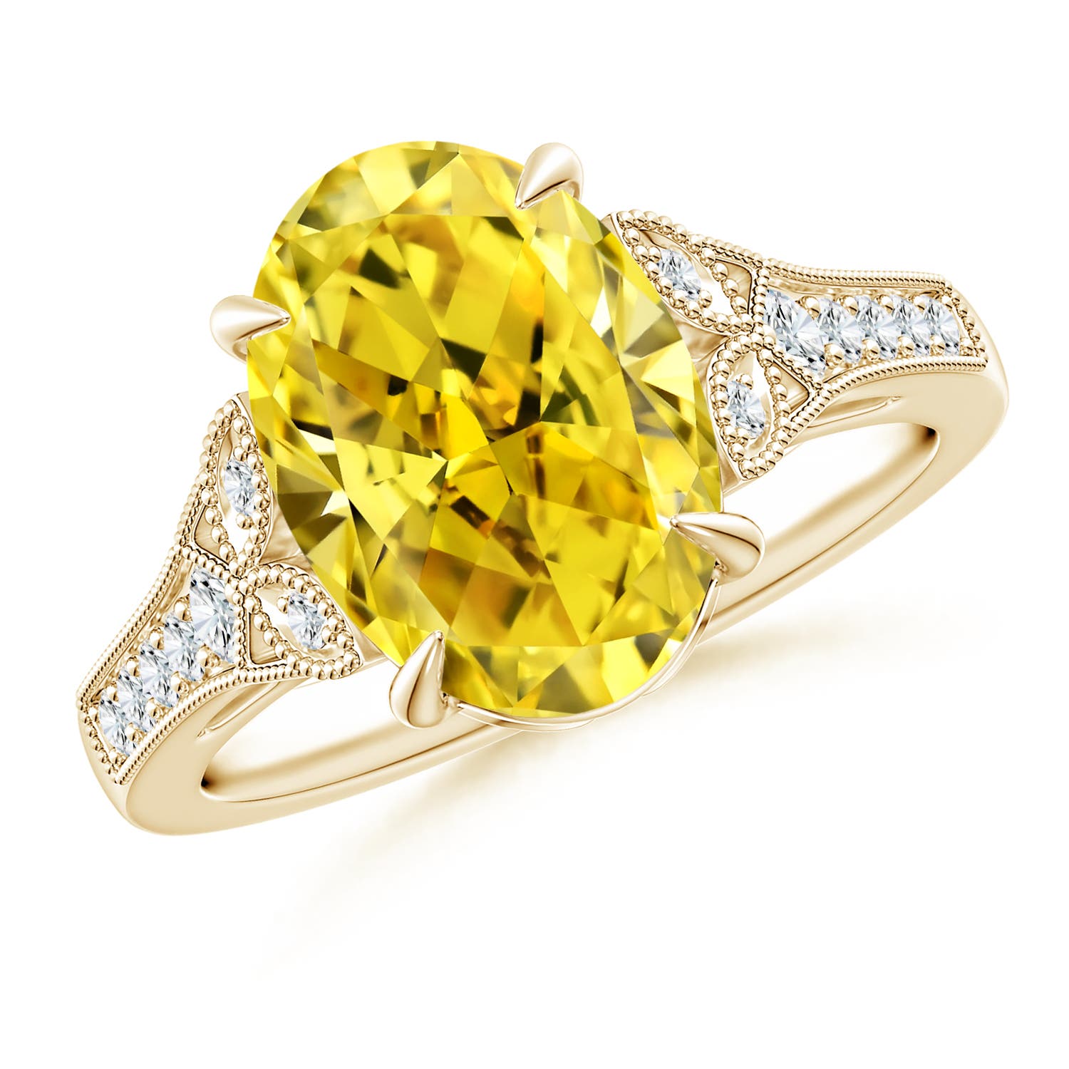 Angara 3.21 CTW Aeon Vintage Inspired Oval Fancy Intense Yellow Diamond Solitaire Engagement Ring with Milgrain in 18K Yellow Gold