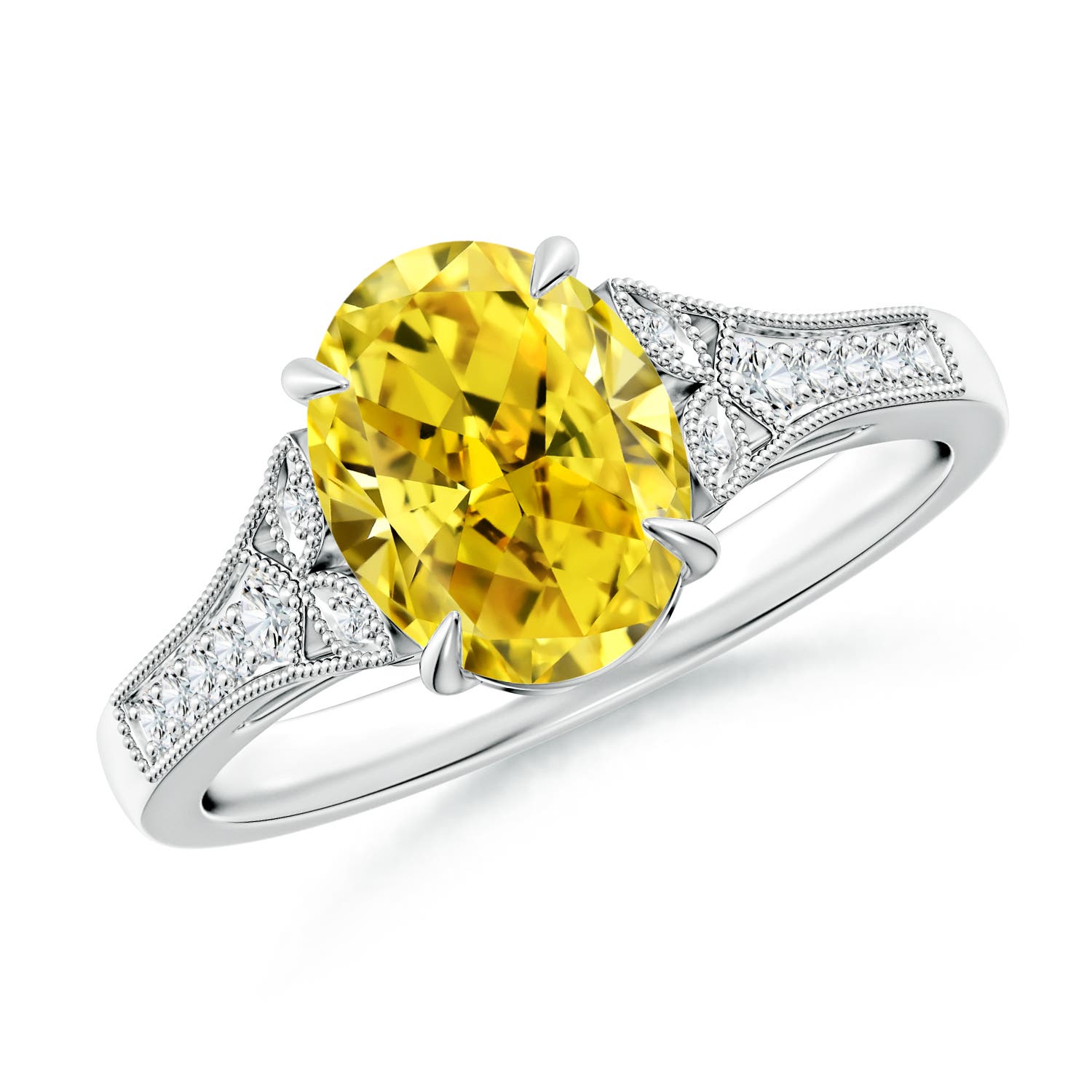Angara 1.97 CTW Aeon Vintage Inspired Oval Fancy Intense Yellow Diamond Solitaire Engagement Ring with Milgrain in 18K White Gold
