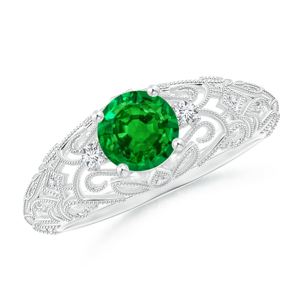 6mm AAAA Aeon Vintage Style Solitaire Emerald Filigree Engagement Ring in White Gold