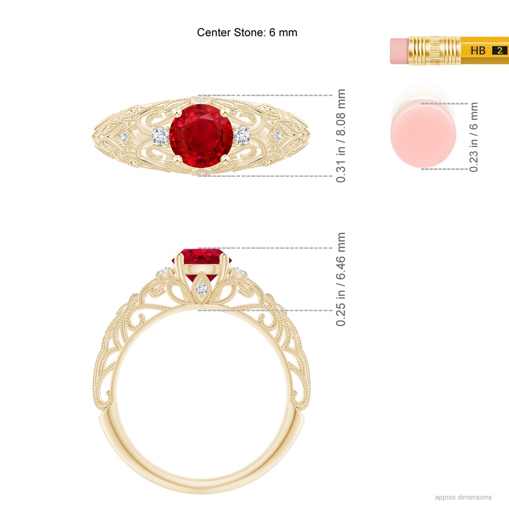 6mm AAA Aeon Vintage Style Solitaire Ruby Filigree Engagement Ring in Yellow Gold Ruler