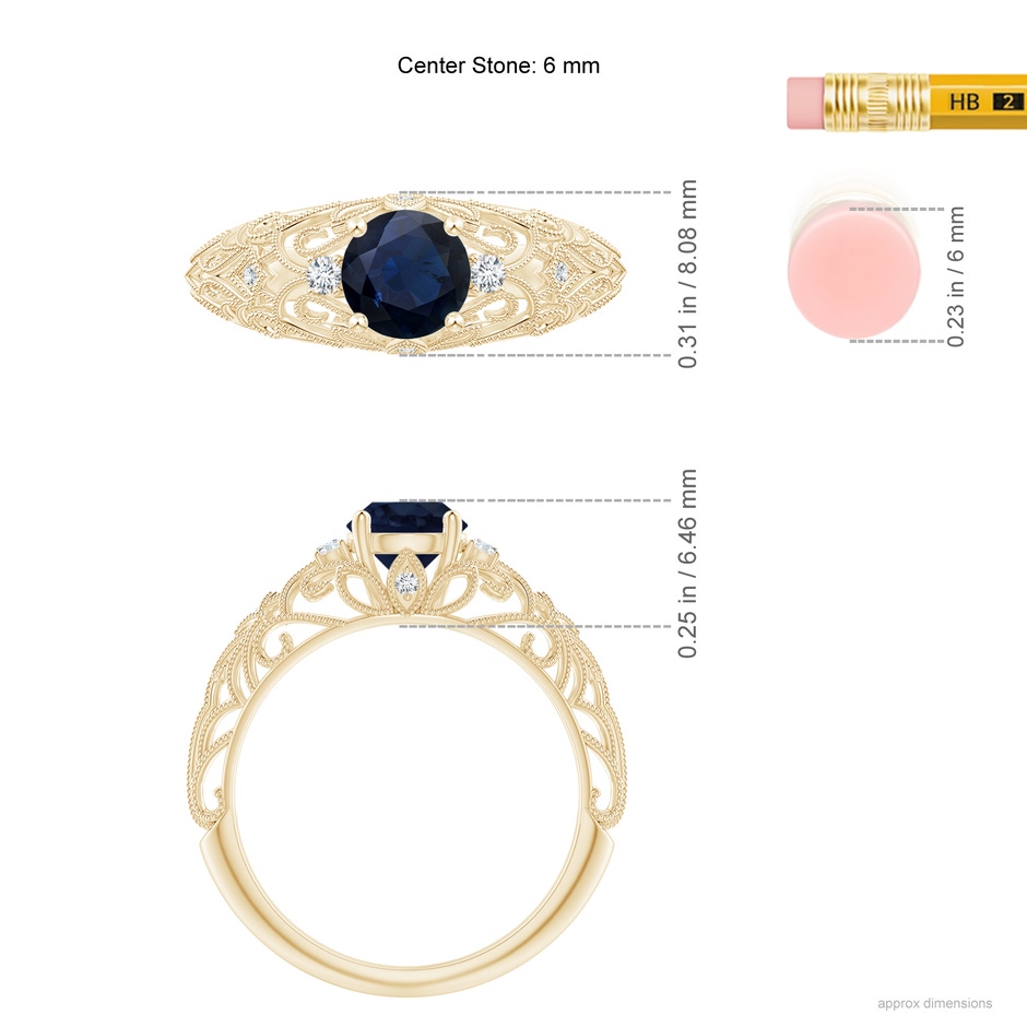 6mm A Aeon Vintage Style Solitaire Sapphire Filigree Engagement Ring in Yellow Gold ruler