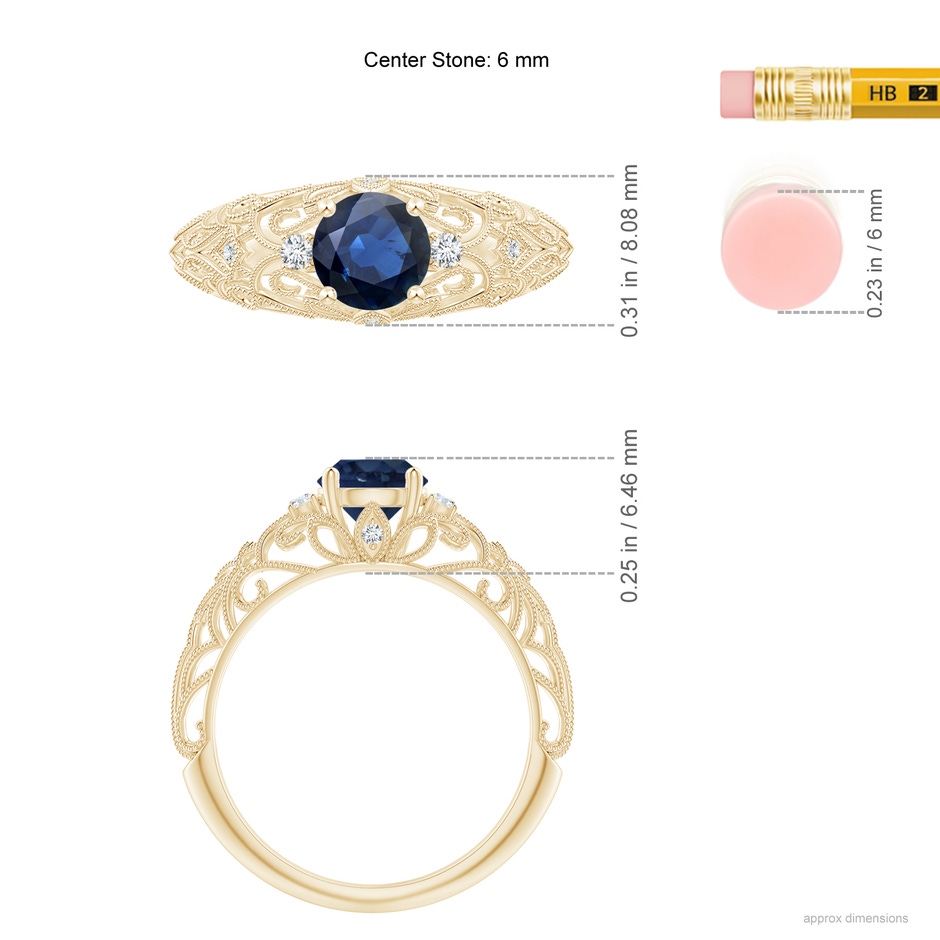 6mm AA Aeon Vintage Style Solitaire Sapphire Filigree Engagement Ring in Yellow Gold ruler