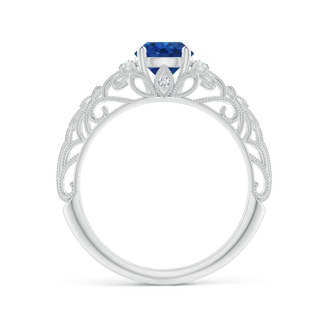 14k White Gold 6x4mm Oval Blue Sapphire and Diamond Filigree Side Ring