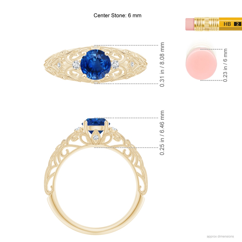 6mm AAA Aeon Vintage Style Solitaire Sapphire Filigree Engagement Ring in Yellow Gold ruler