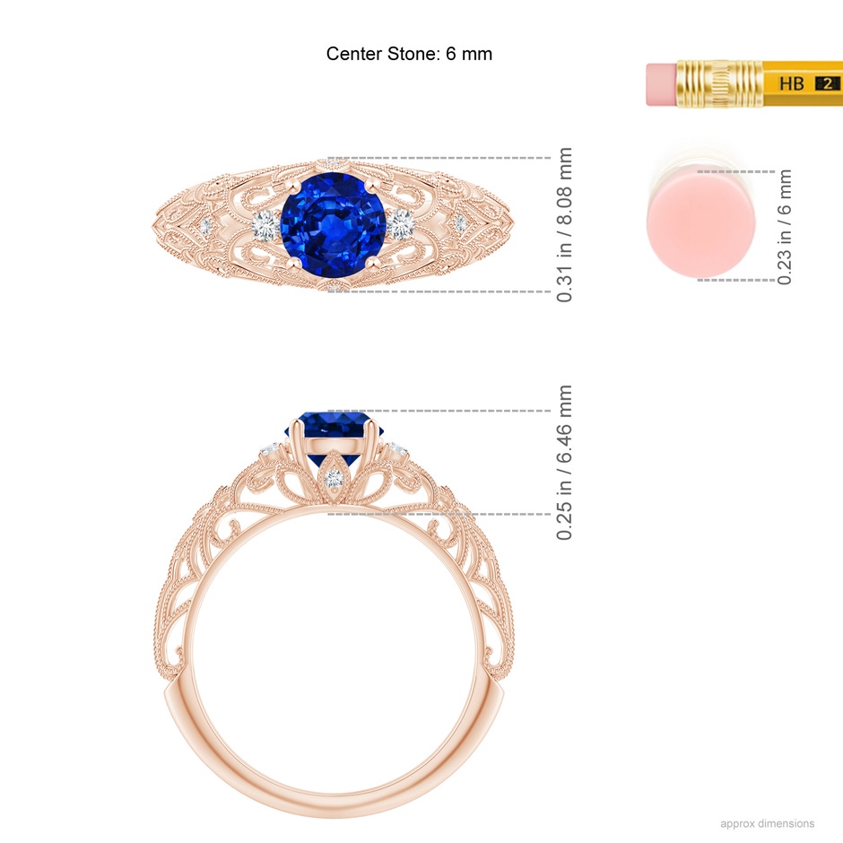 6mm Lab-Grown Aeon Vintage Style Solitaire Sapphire Filigree Engagement Ring in Rose Gold ruler